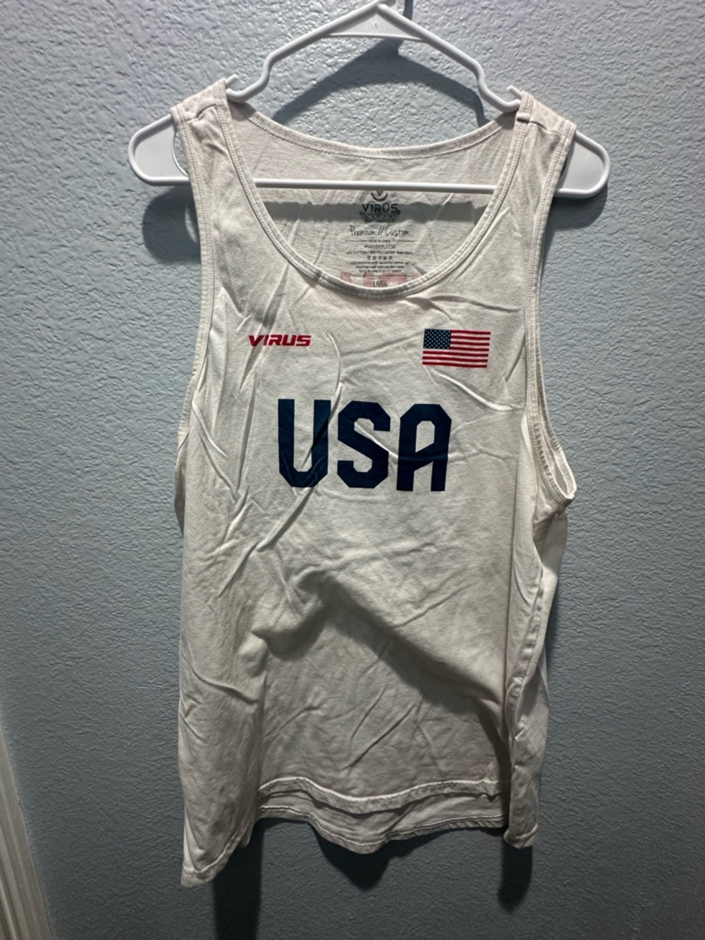 Virus White Tank Top with Navy and Red Accents